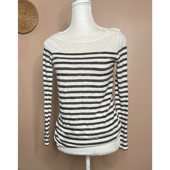 Ann Taylor LOFT Boat neck embellished blouse Sz Small Striped Ivory Long Sleeve - Picture 10 of 10